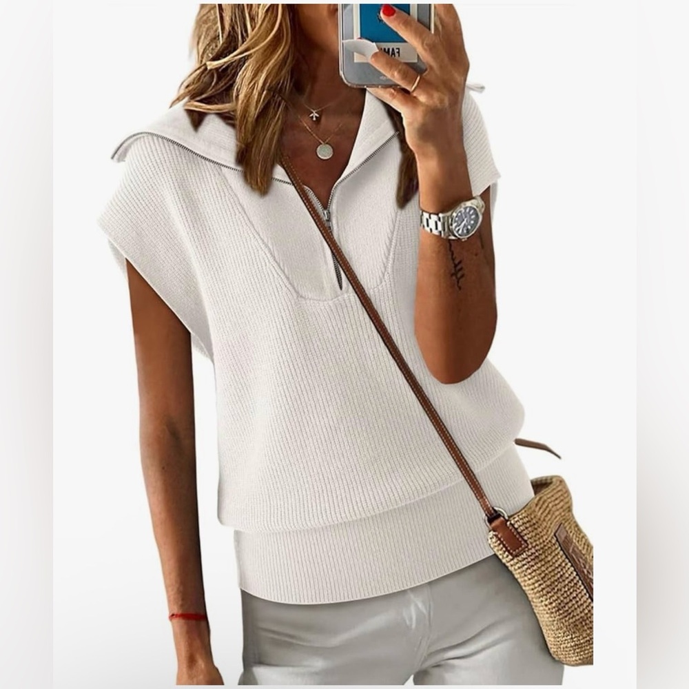 NWT Dokotoo Women's Casual Sleeveless Half Zip Pullover Sweaters Solid V Neck